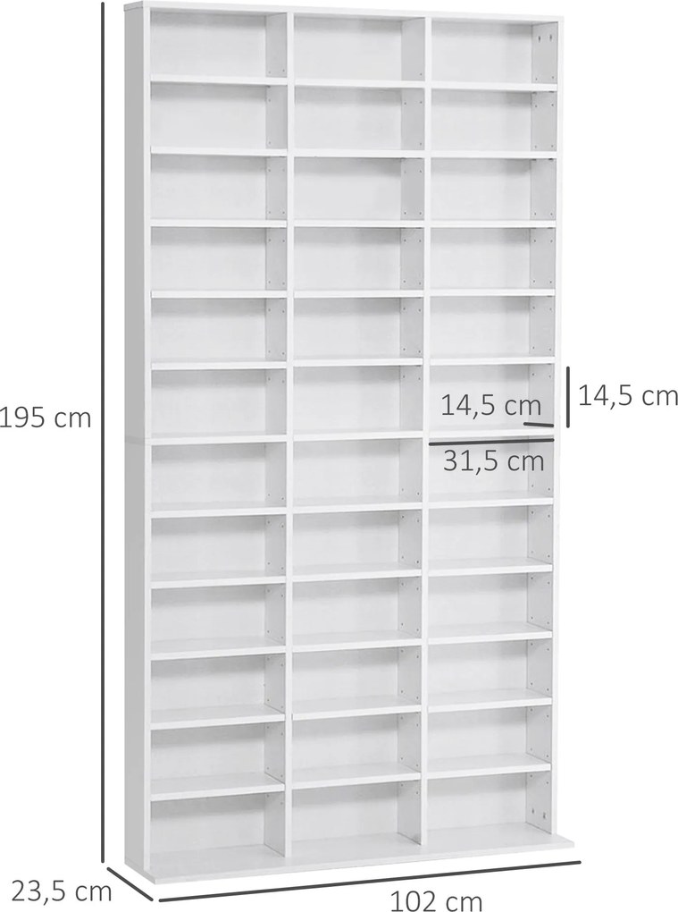 HOMCOM CD/DVD Tároló Polc 1116 CD-hez 36 Magasságban Állítható Rekesszel 195 x 102 x 23.5 cm Fehér | Aosom