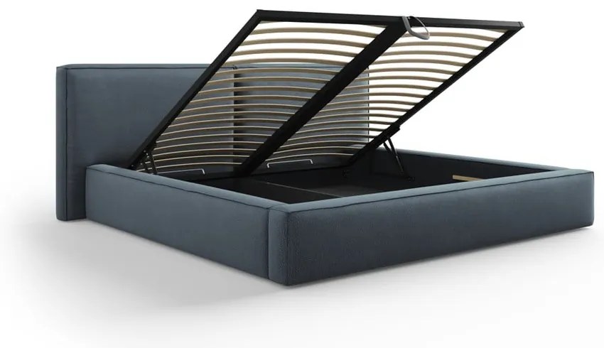 Sötétkék kárpitozott franciaágy tárolóhellyel, ágyráccsal 140x200 cm Arendal – Cosmopolitan Design