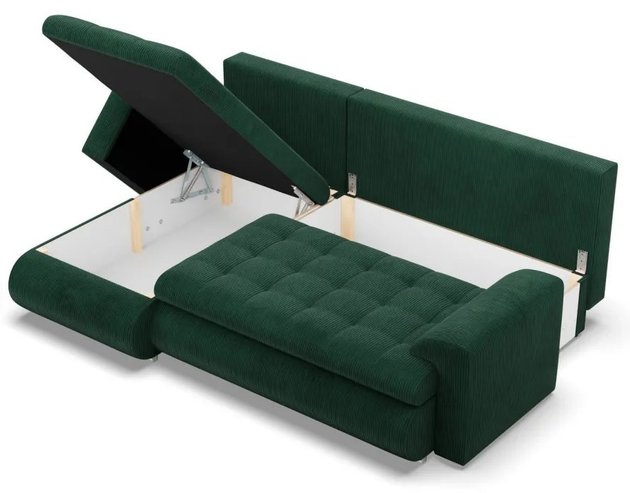 Tokio sarokkanapé, 2 ágyneműtartóval, kordbársony, baloldali, zöld