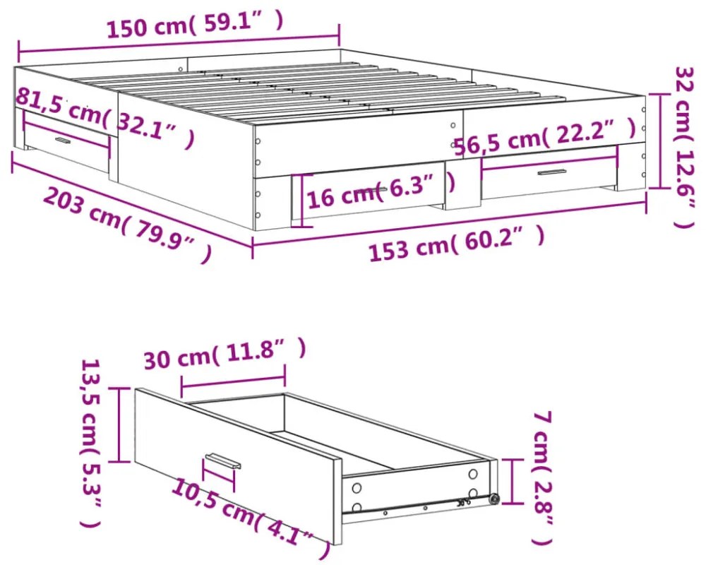 betonszürke szerelt fa ágykeret fiókokkal 150 x 200 cm