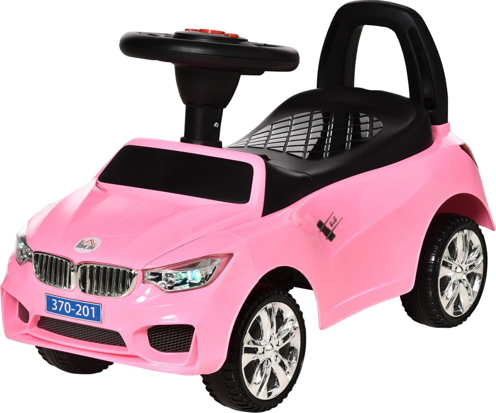 HOMCOM Rózsaszín Gyerek Tolható Autó 18-36 Hónaposoknak Fényszórókkal, Zenével, Síppal, Kormánykerékkel, Tárolóhellyel és Tolófogantyúval 63.5x28x36 c
