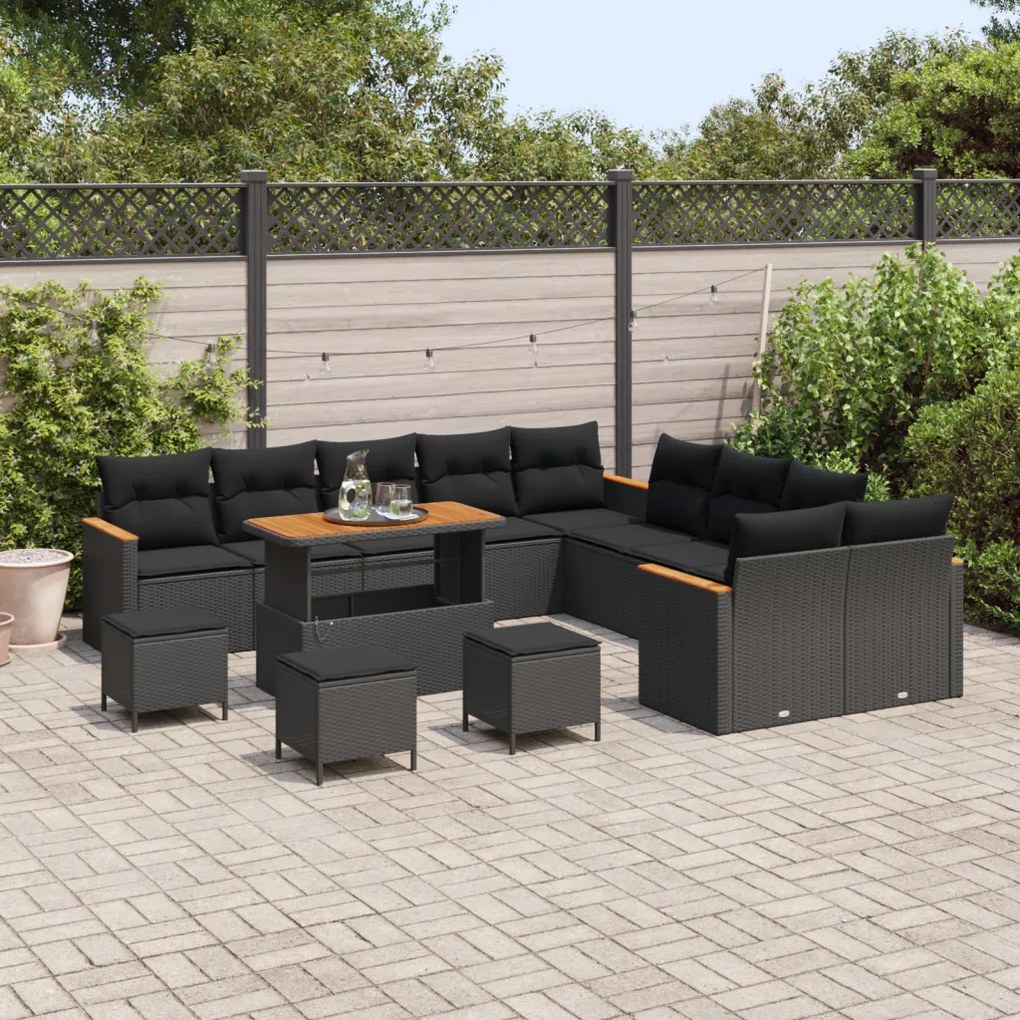 14 Részes Kert Sofa Készlet Párnákkal Fekete Poli Rattan Akácia