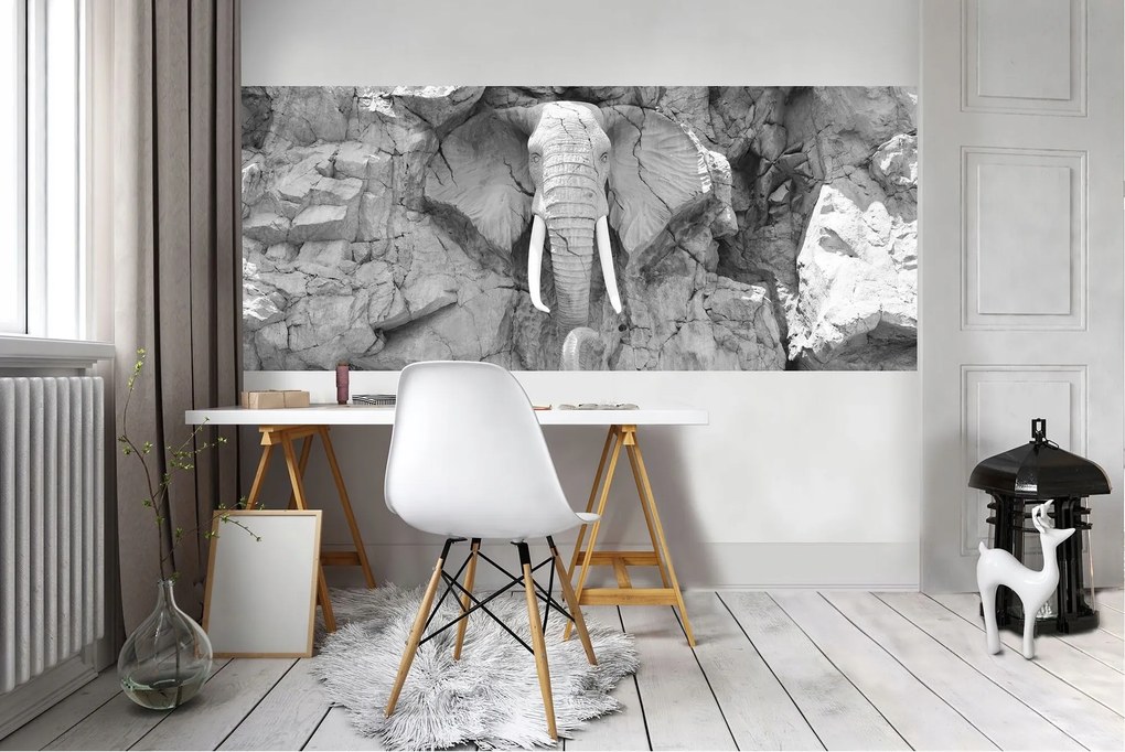 Fotótapéta Elefánt a sziklán Kő szobor Fekete-fehér hatás 250x104 +ragasztó