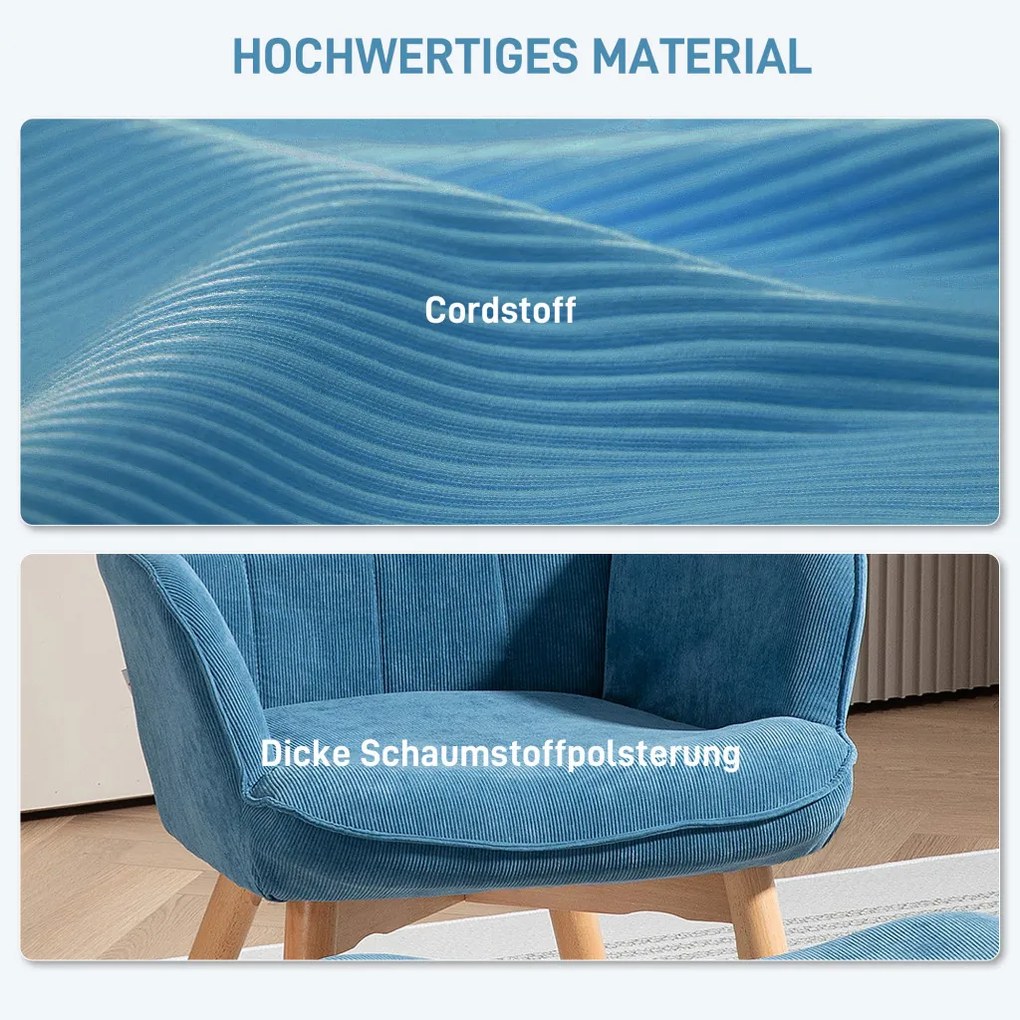 Karfás fotel lábtartóval, relax fotel, kárpitozott, kordbársony hatású, kék