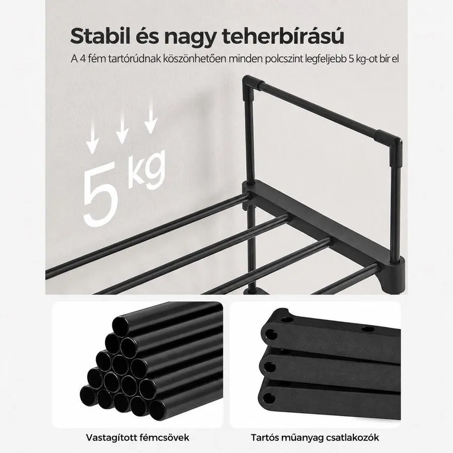 Keskeny 10 szintes cipőtartó akár 20 pár cipőhöz, 45 × 30 × 174 cm, fekete