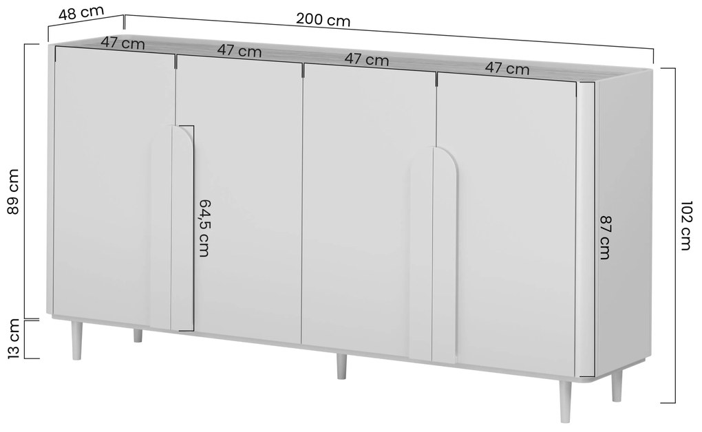 Amilio négyajtós komód 200 cm - kasmír / olajozott tölgy / kasmír fogantyú
