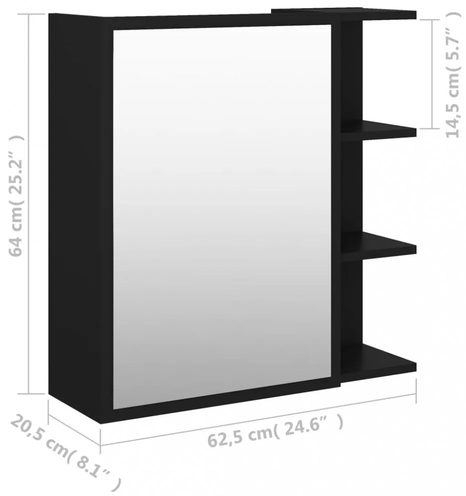 fekete szerelt fa tükrös fürdőszoba szekrény 62,5x20,5x64 cm