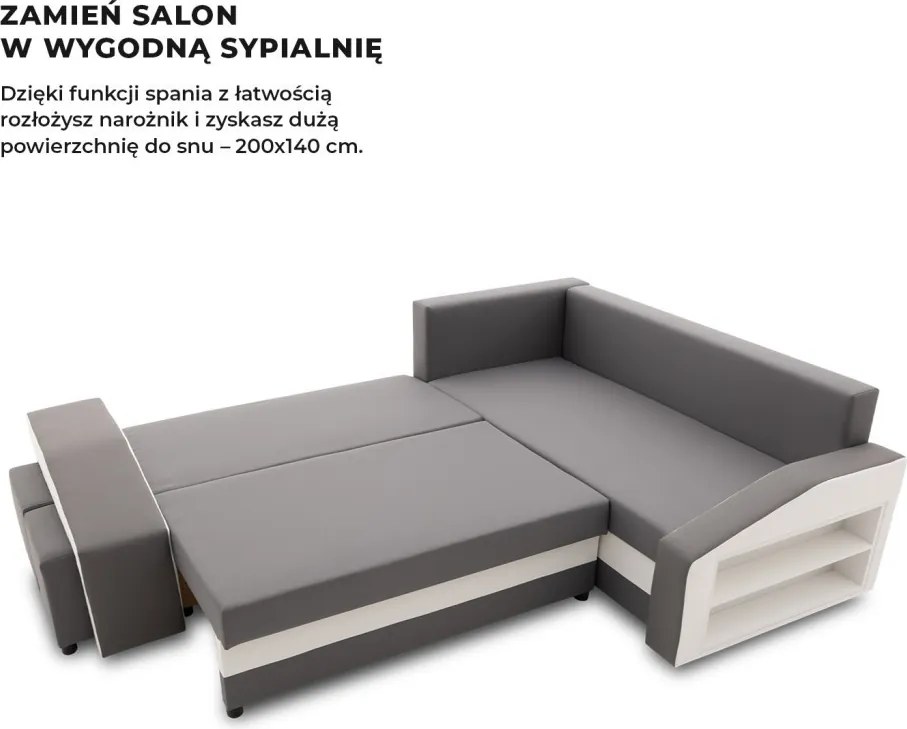 Grande sarokkanapé polcokkal és puffokkal , polc a jobb karfaban puffok a bal karfaban, jobboldali, szövet anyag, bonell töltet, szürke - fehér