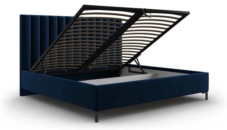 Sötétkék kárpitozott ágyneműtartós franciaágy ágyráccsal 180x200 cm Casey – Mazzini Beds