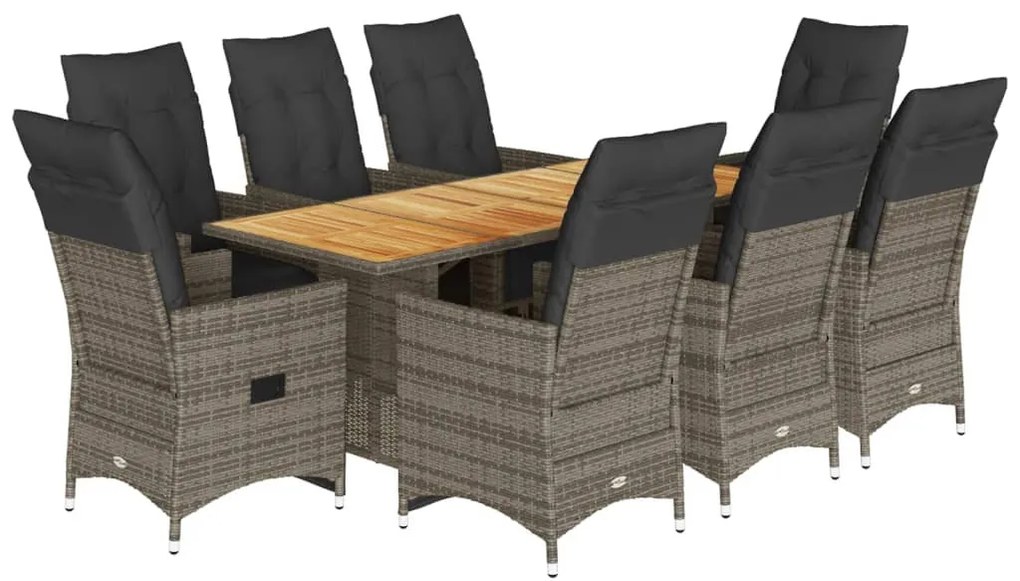 9 részes szürke polyrattan kerti bisztrógarnitúra párnákkal