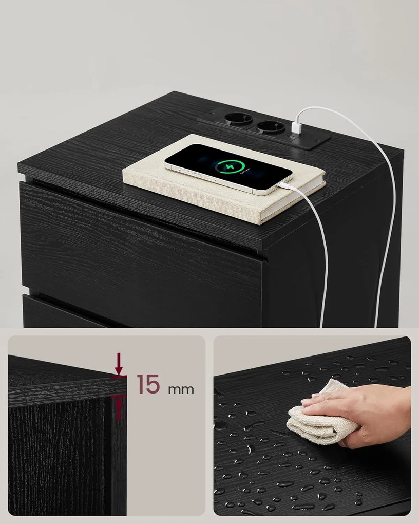 Éjjeliszekrény 2 darabos szett, 2 hálózati aljzattal és 2 usb-porttal, fekete színben