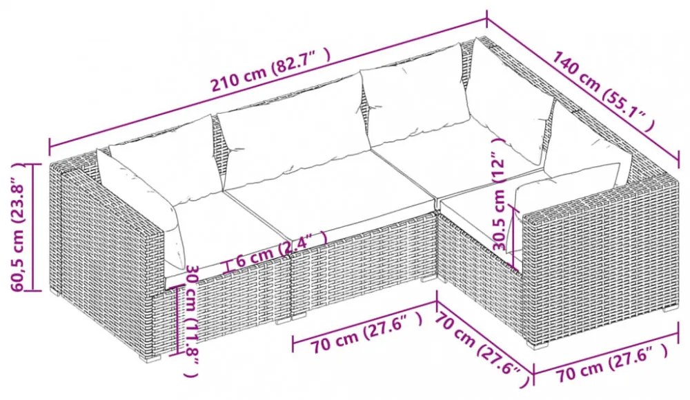 vidaXL 4 részes fekete polyrattan kerti ülőgarnitúra párnákkal