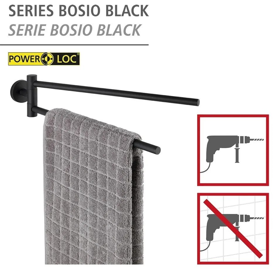 Matt fekete öntapadós rozsdamentes acél törölközőtartó Bosio – Wenko