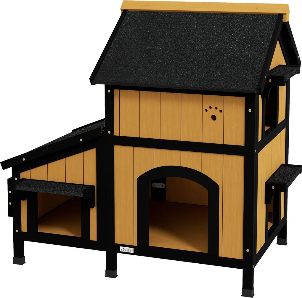 PawHut Macska Ház, Fenyes Fa, Több Bejárattal, 2 Szinttel, Kültéri Macska Búvóhely, Kicsi Kerti Ház Aszfaltozott Tetővel, Virágtartó, Téli Védelemmel,