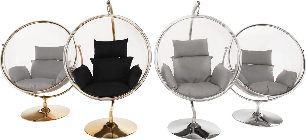 Függő fotel állvánnyal, átlátszó/ezüst/szürke, BUBBLE NEW TYP 2
