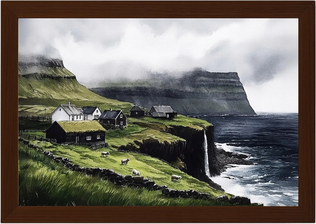 Poszter Keret Fa Tájkép Feröer-szigetek Település Házak Vízesés Hegyek 60x40