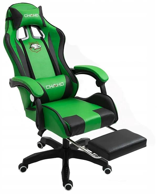 Kényelmes gamer szék fekete-zöld masszázspárnával