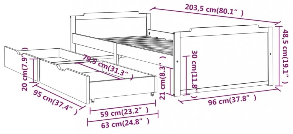 sötétszürke tömör fenyőfa ágykeret fiókkal 90 x 200 cm