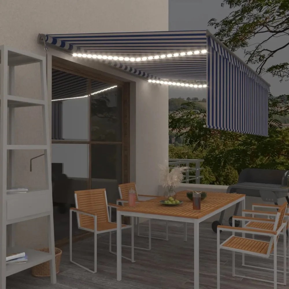 kék és fehér redőnyös, szélérzékelős, LED-es napellenző 4x3 m