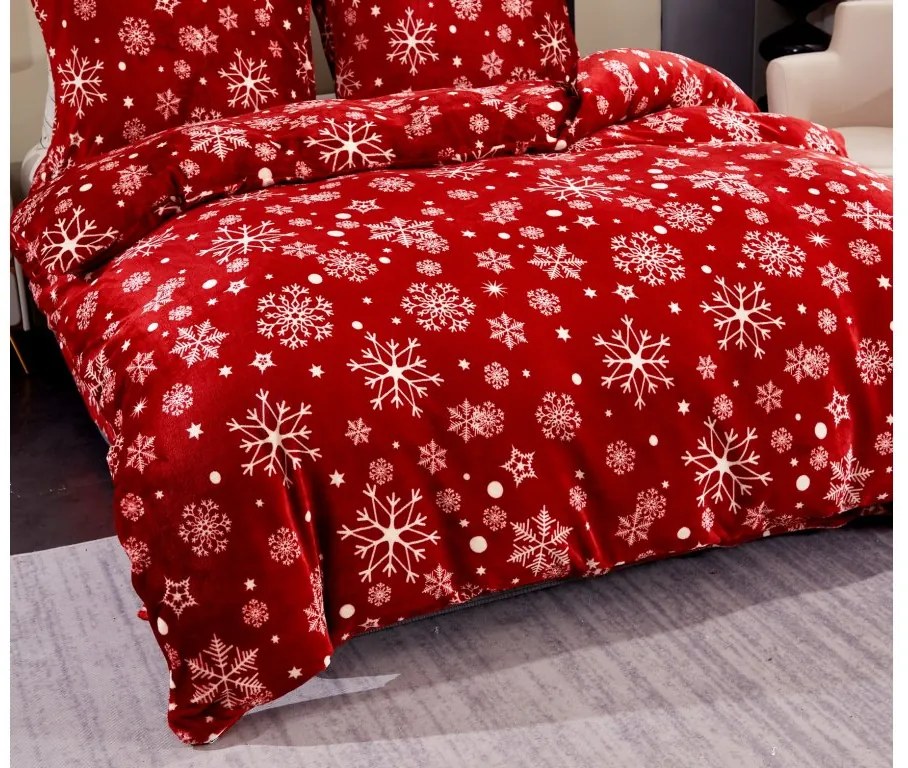 2 db Mikroplüss ágyneműhuzat SNOWFALL piros + Mikroplüss lepedő SOFT 180x200 cm fehér, kétszemélyes ágyhoz
