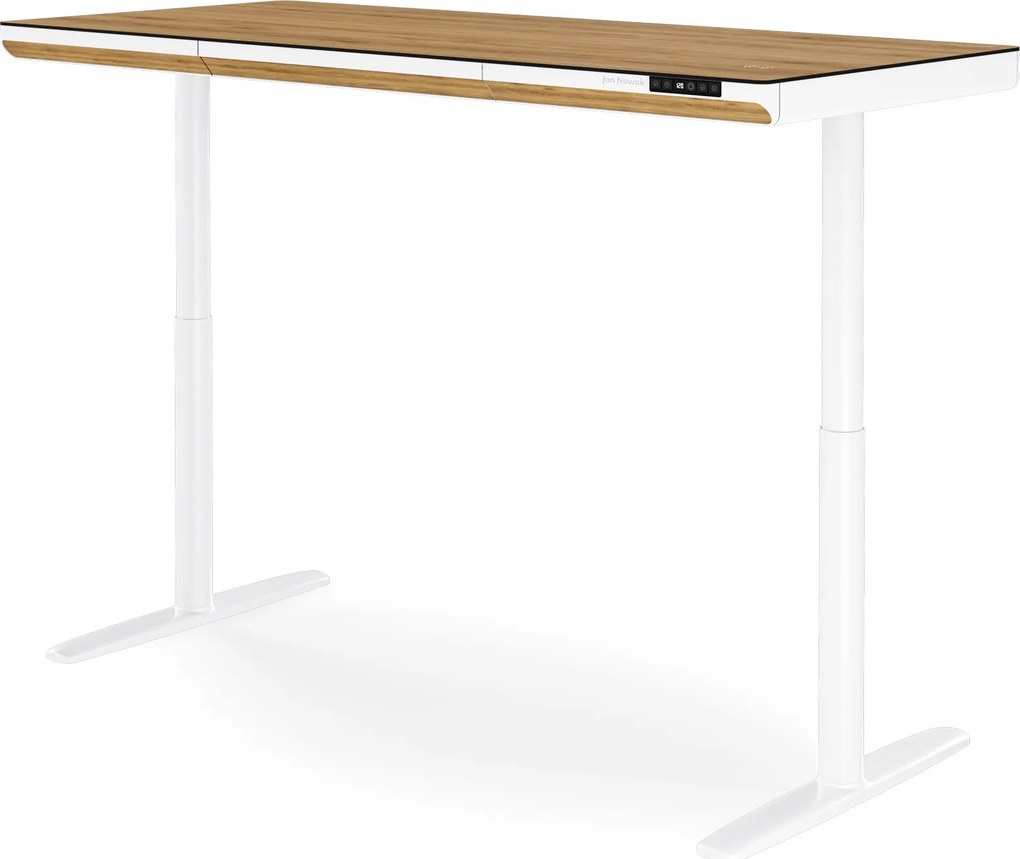 Elektromos ülő-álló íróasztal fiókkal és Qi vezeték nélküli töltővel fehér/aranytölgy, 1600 mm: ELLIS