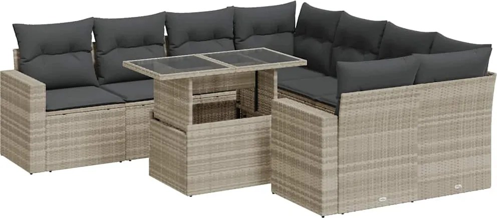 vidaXL 9 részes világosszürke polyrattan kerti ülőgarnitúra párnával