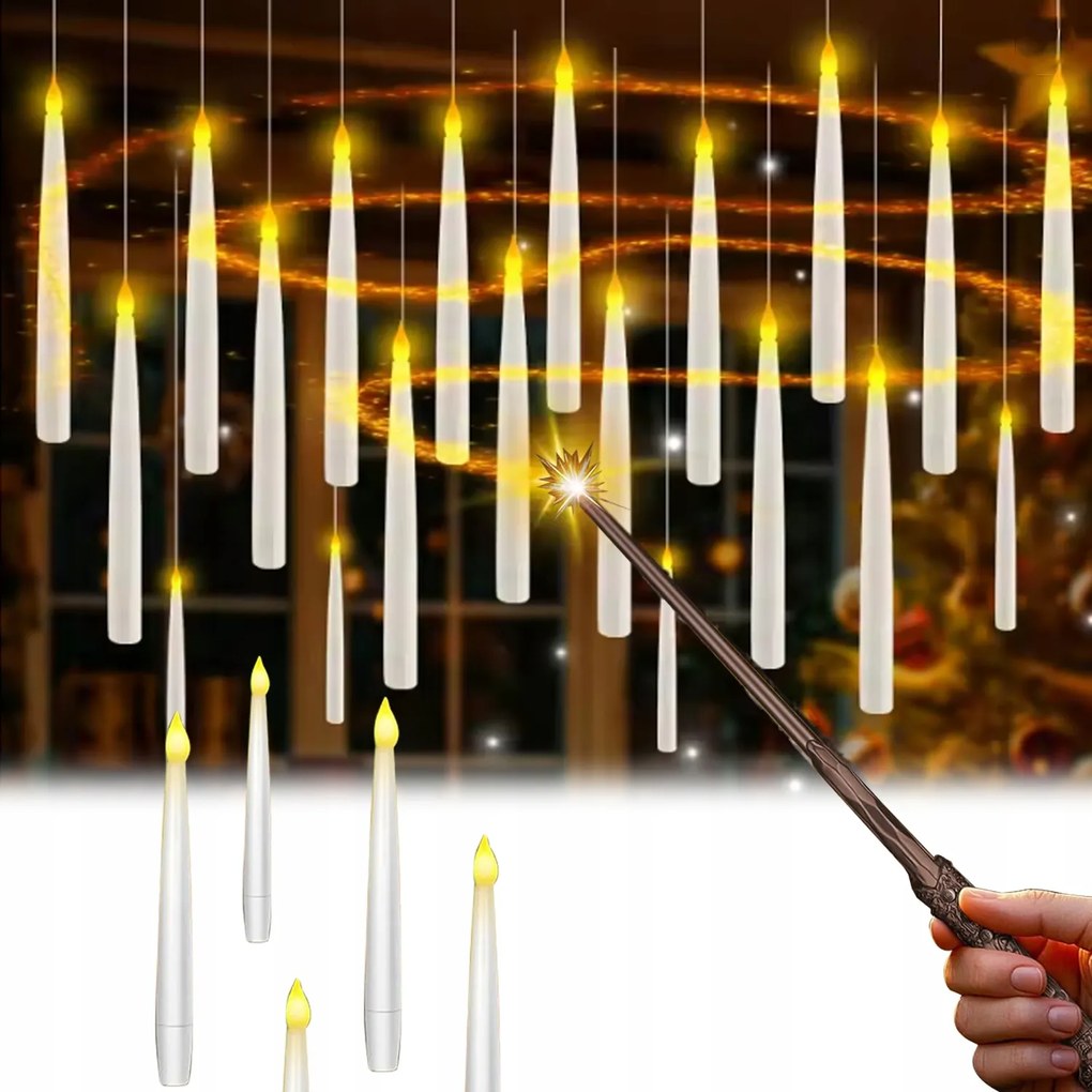 LED-es gyertyák távirányító elemes szett 24db-os fehér gyertya függeszték