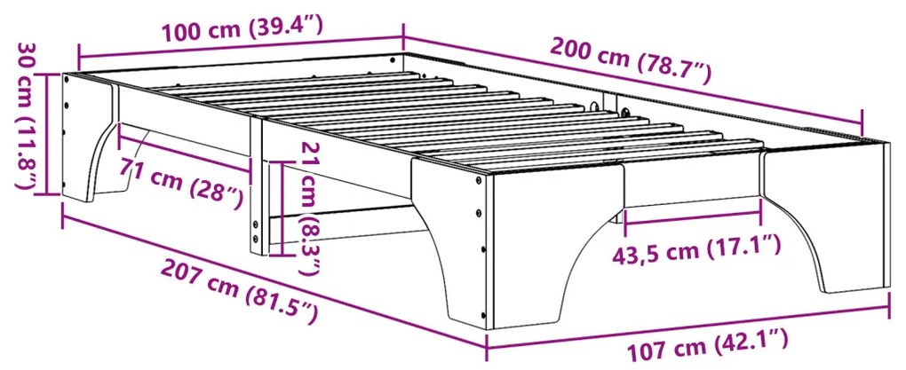 Ágykeret Fehér Fa 100 x 200 cm Négyzetes Tömör fenyő ágykeret