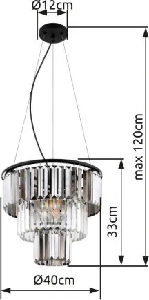 Globo 15695H Függeszték fém fekete matt, füstszínű/átlátszó üvegkristályok, fekete PVC kábel, magassága rövidíthető, ø: 400mm, M: 1200mm, 3x E27 40W 230V izzók nélkül