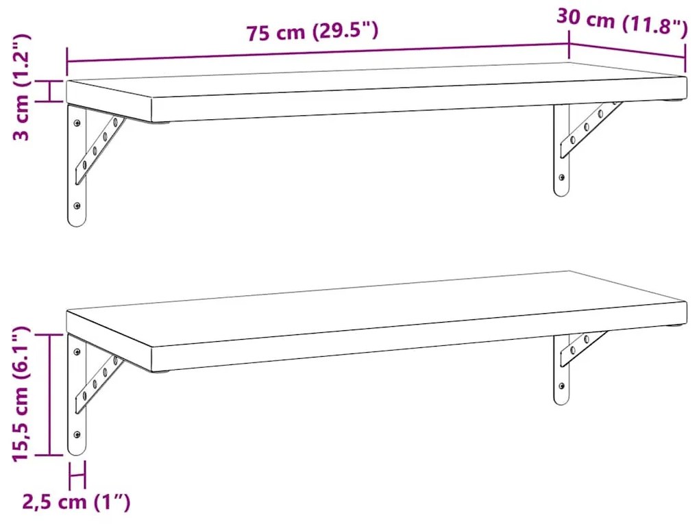 2 db fekete rozsdamentes acél fali polc 75 x 30 cm
