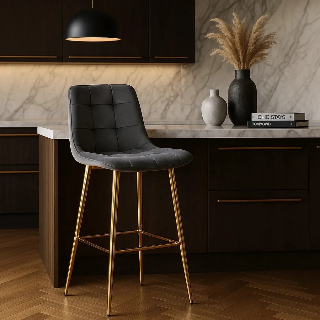 Szürke Bársony Bárszék Aranyszínű Lábbal. ARIEL