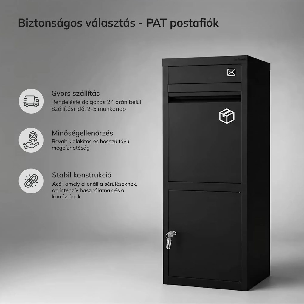 Fém csomag- és levélszekrény, kültéri, zárható, fekete: Paczkobox PAT