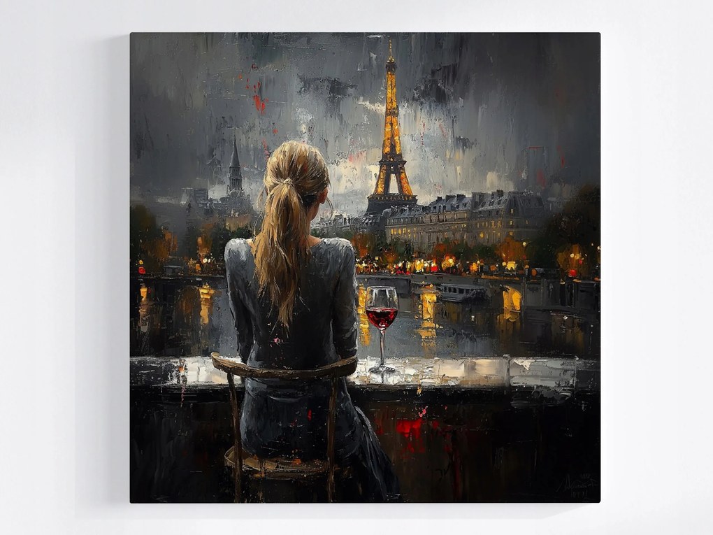Canvas Vászonkép Nő Párizs Eiffel-torony Este Bor 40x40