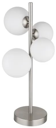 Globo 56140-4T Asztali lámpa fém nikkel matt, üveg fehér, kábel PVC fekete, billenőkapcsoló a kábelen, HxSzxM: 270x230x510mm, kábelhossz 1500mm, üveg átmérő: 2x10cm, 2x12cm, benne 4x G9 LED 3.5W 230V, 350lm forrás, 310lm kimenet, 3000K