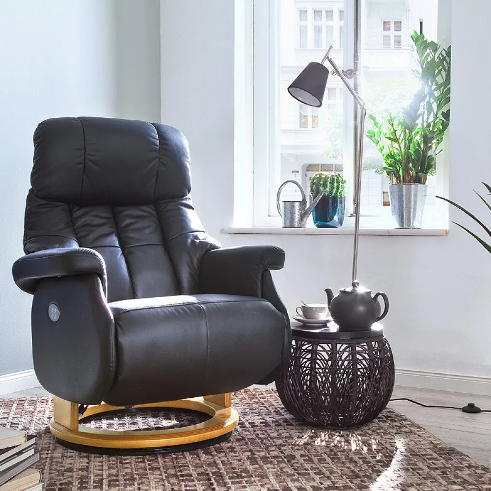 CALGARY Comfort XL Fekete bőr relax fotel lábtartóval natúr lábbal