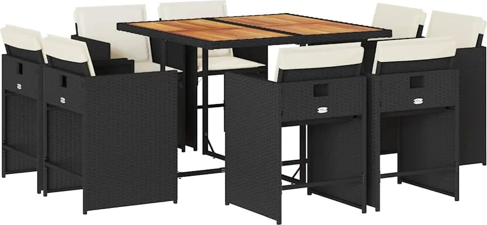 vidaXL 9 részes fekete polyrattan kerti étkezőgarnitúra párnákkal
