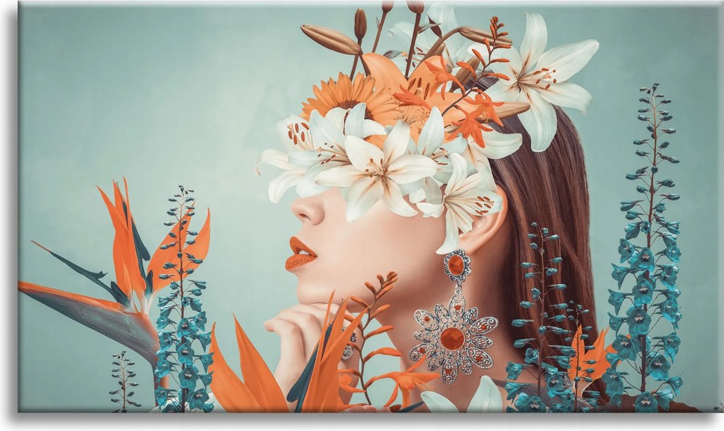 Vászonkép Nő Virágok Levelek Természet 90x60 cm Ideális ajándék