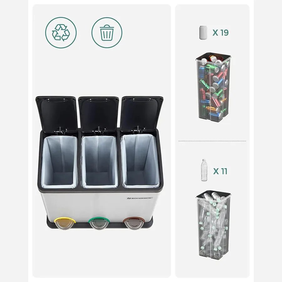 Szelektív szemeteskuka 3x15L, ezüst
