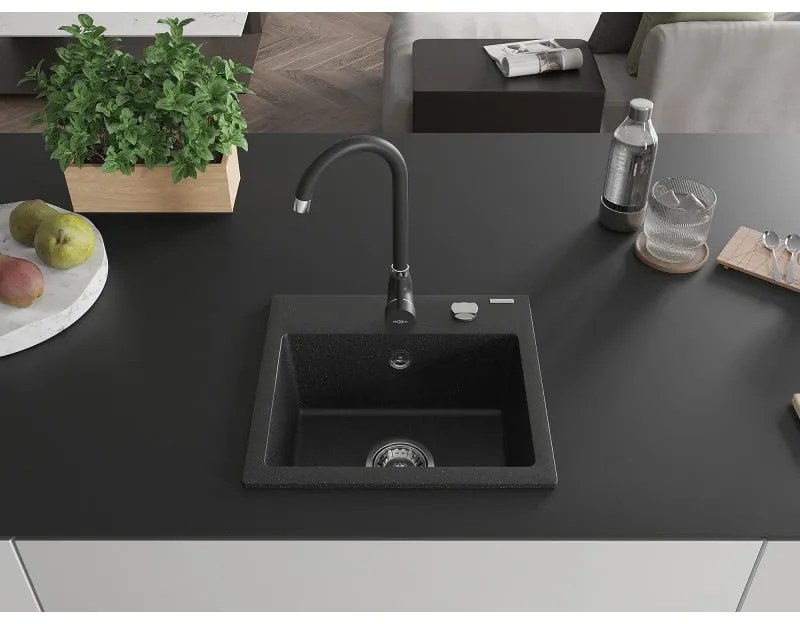 Mexen Milo, 1 kamrás gránit mosogató 43,5x41 cm és konyhai csaptelep Telma, fekete-ezüst, 6505-73-670200-70