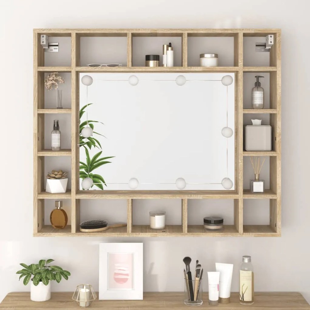 sonoma tölgyszínű tükrös szekrény LED-ekkel 91 x 15 x 76,5 cm