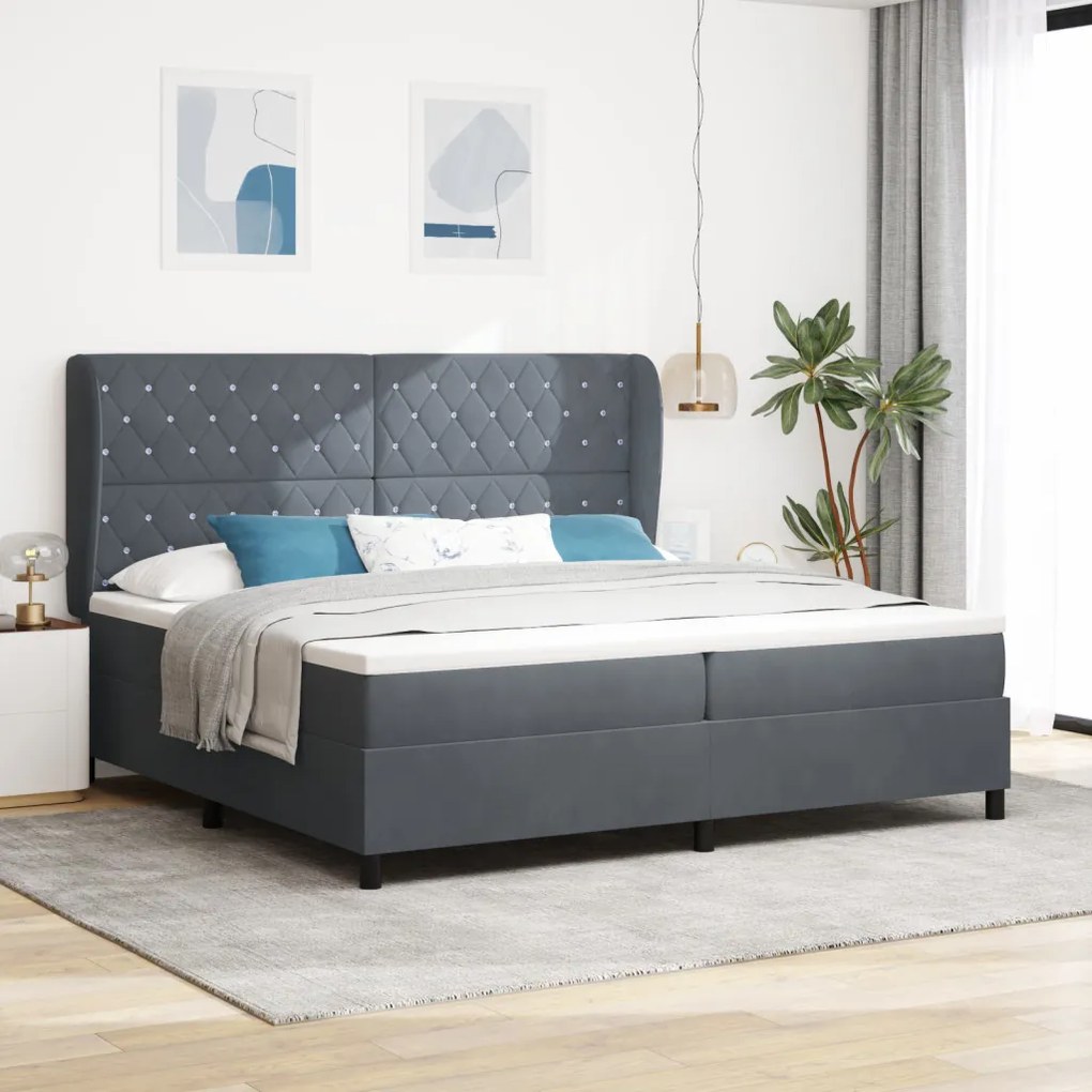 Box Spring Ágy Matraccal, Sötétszürke, 200x200 cm, Bársony