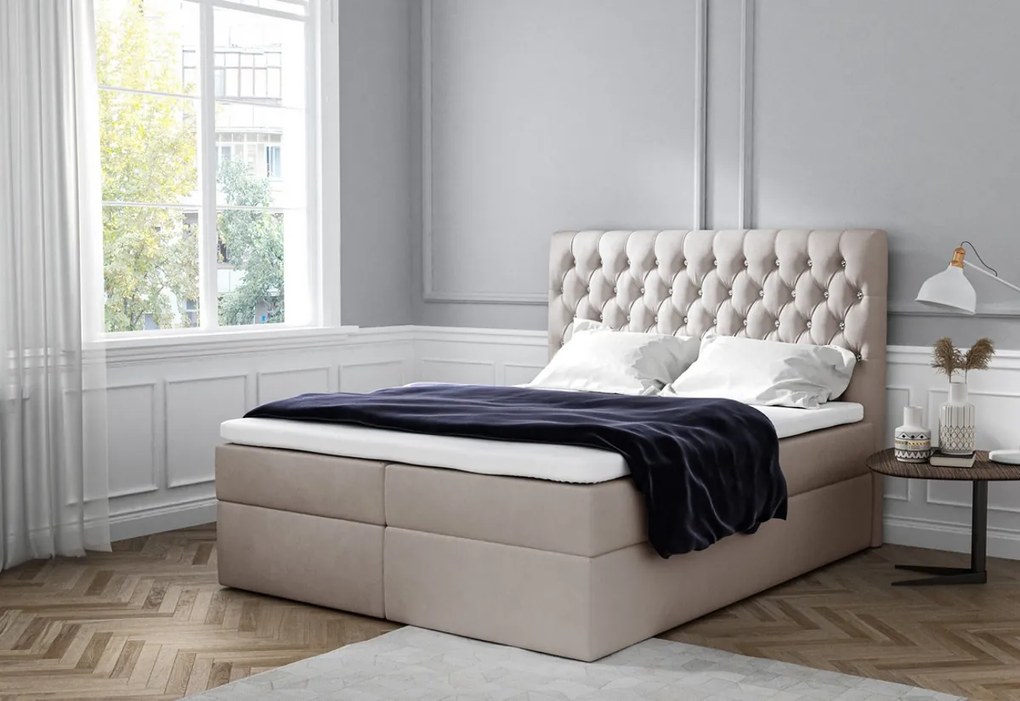 TOMIO boxspring kárpitozott ágy + fedő, 200x200, jasmine 100