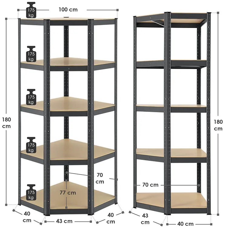 Juskys Sarokpolcos Basic 180x70x40 cm - szürke