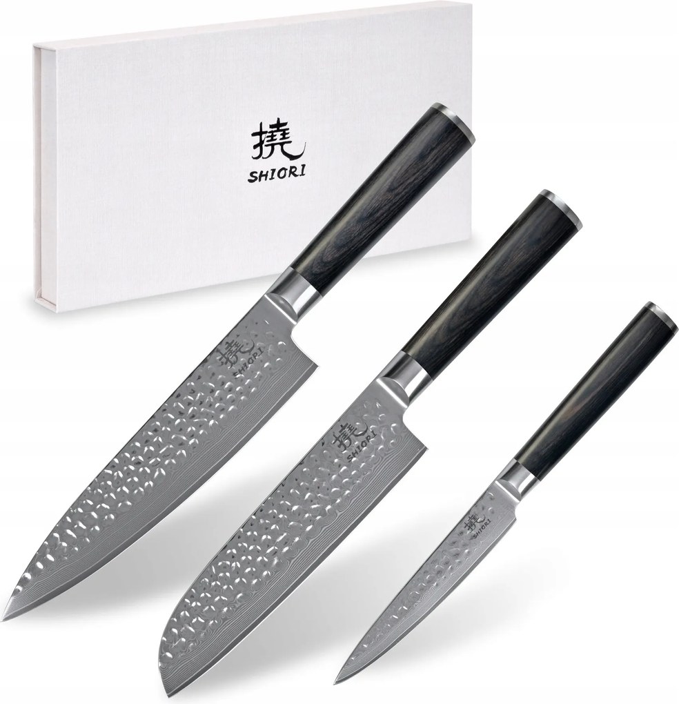 Shiori 3 db-os késkészlet Kuri Muro, Santoku és Sifu damaszkuszi acélból