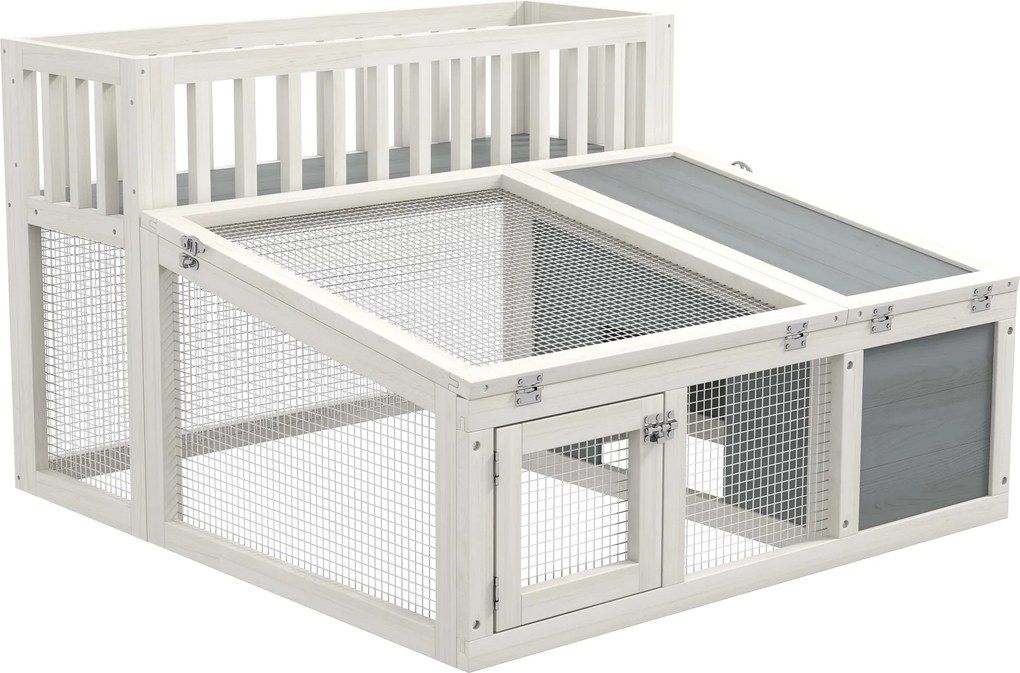 PawHut Nyúlólom, fa nyúlketrec növénytartóval, nagy fa tér, több ajtó - Méret: 94L x 90W x 60H cm - szürke és fehér | Aosom