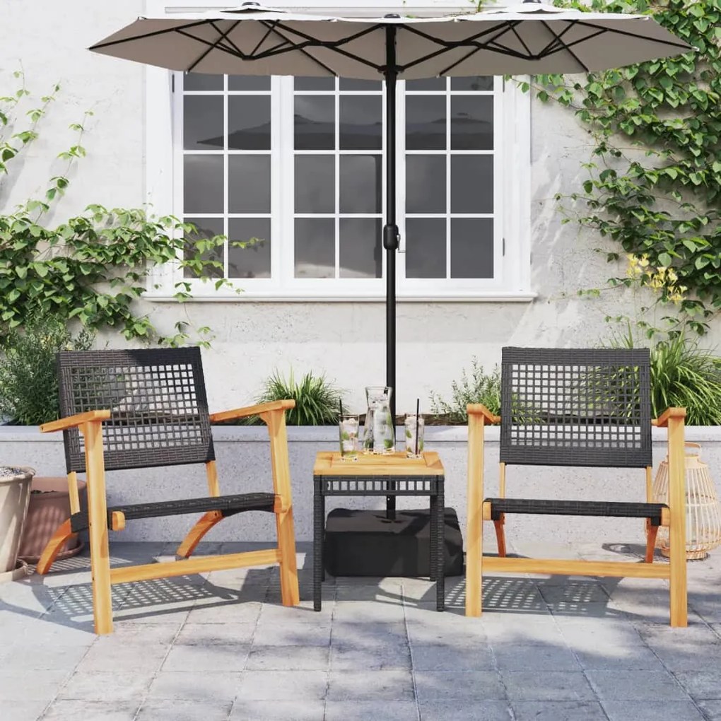 fekete polyrattan és akácfa kerti asztal 38 x 38 x 42 cm