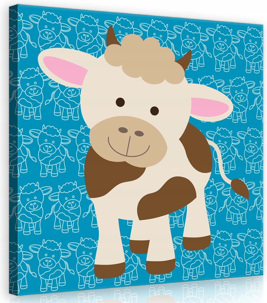 Vászonkép 80x80 Borjú tehén rajzfilm gyerek aranyos vidám kék minta
