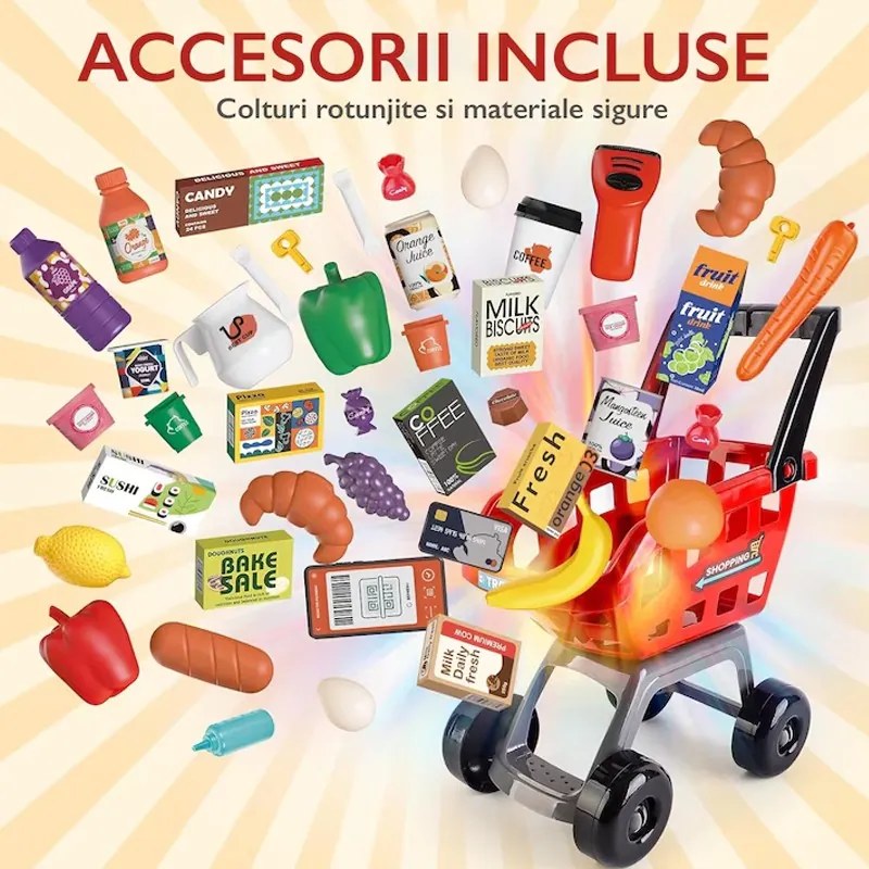 Szupermarket játékkészlet, 54 tartozék, hangok, fények, POS, szkenner, bevásárlókosár, többszínű