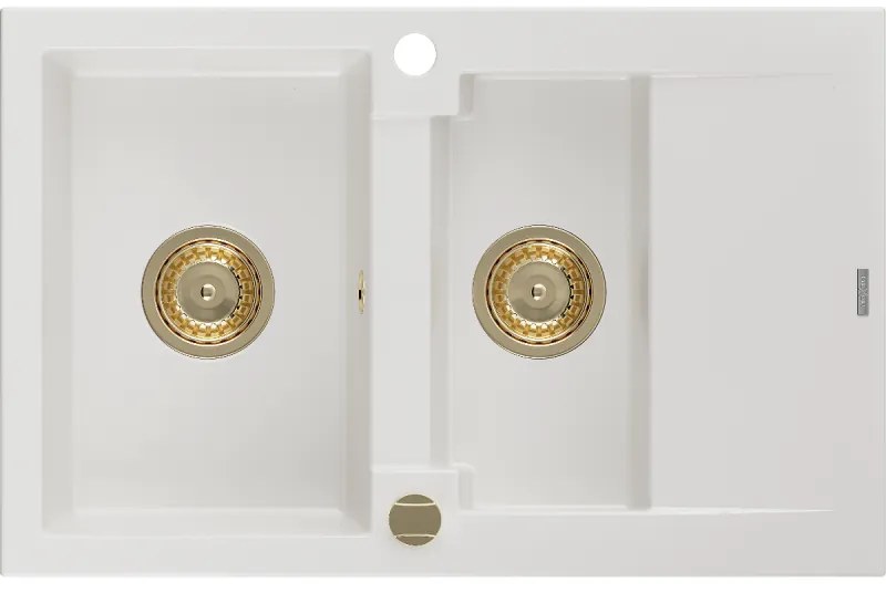 Mexen Gaspar, gránit mosogató 737x475x177 mm, 1,5 kamrás, fehér, arany szifonnal, 6507731505-20-G