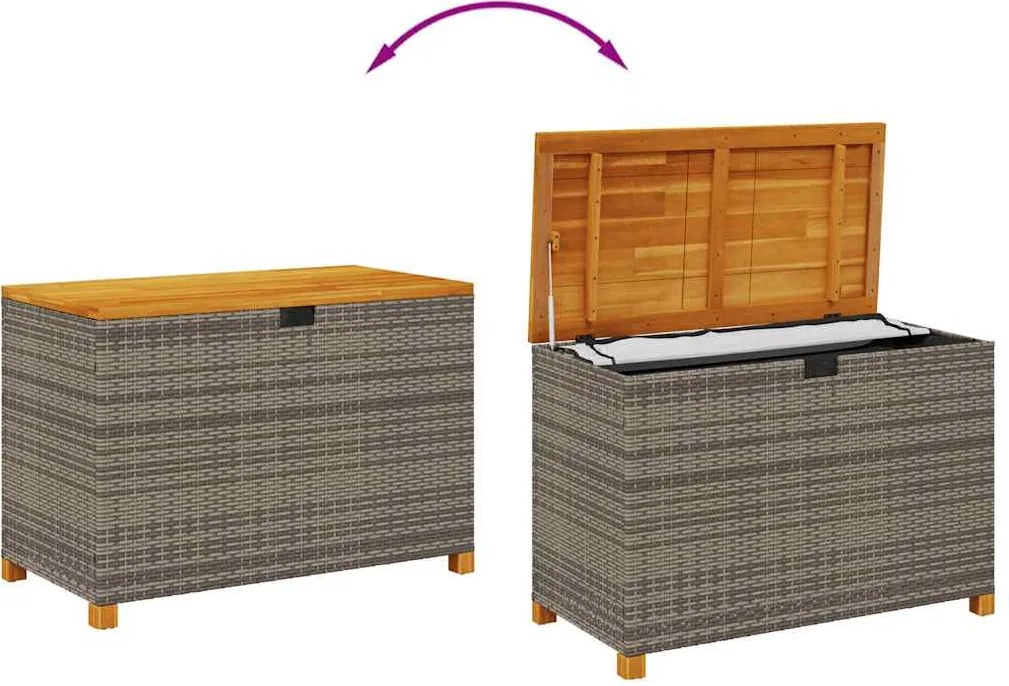 Szürke Polyrattan És Akácfa Kerti Tárolóláda 110 X 55 X 63 Cm